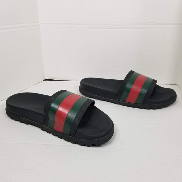 Mens Gucci Green Red Web Signature Stripe Slide Sandal Black Rubber Size 11 - Picture 4 of 16